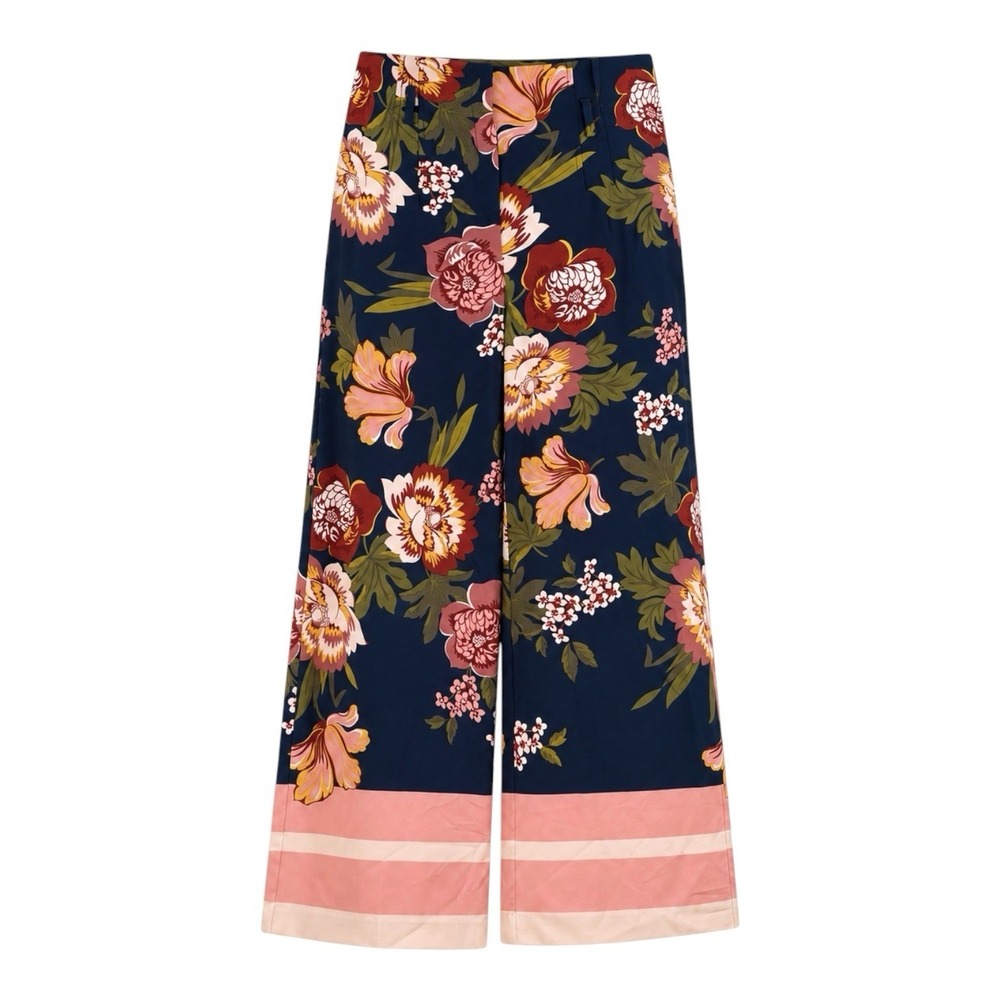 Floral Boho Wide Leg Pants Womens 14 Navy Pink High Rise Cropped Palazzo Stretch